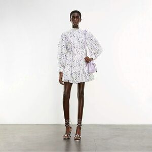 The Kooples Floral Cotton Silk Tie Waist Shirt Dress White Purple Peony Small